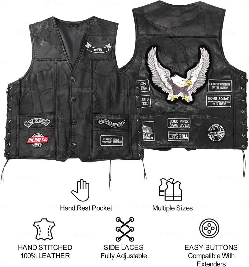 XINMALL Motorcycle Genuine Leather Biker Vest for Men Club Style Classic Black With Patches - Image 5